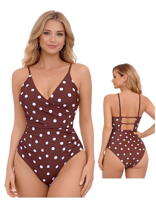 Other - Large Brown Polka Dot Wrap Tummy Control Push Up Cutout Swimsuit NWOT